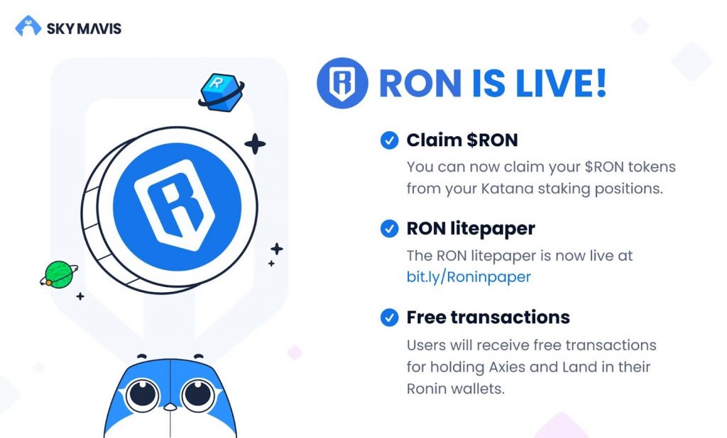 Axie Infinity has officially launched the RON token