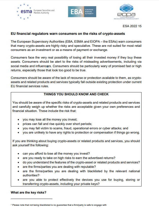 EU Financial Regulators Warn Consumers on the risks of Crypto-assets