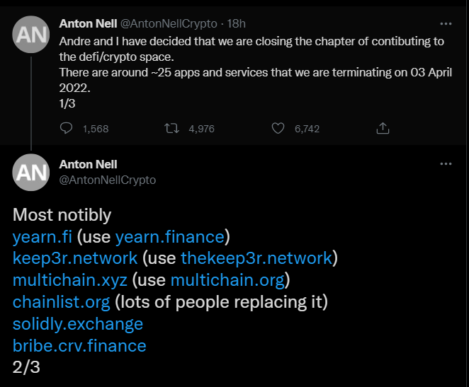 Andre Cronje and Anton Nell Declare Their Departure from Crypto, Causing YFI, KP3R To Tank