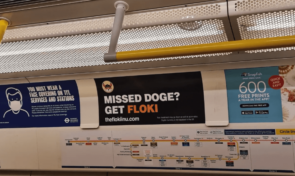 An advertisement promoting the cryptocurrency Floki Inu (FLOKI)