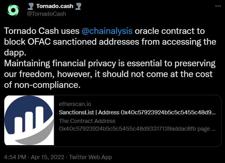 Tornado Cash Adds Chainalysis Tool for Blocking OFAC-Sanctioned Wallets From Dapps
