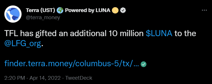 A contribution of 10 million LUNA tokens to the Luna Foundation Guard (LFG)