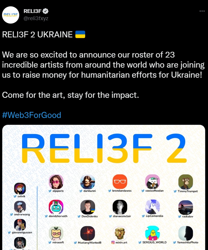 Web3 Project Reli3f Has Raised Over $1.5 million for Ukrainian Humanitarian Assistance