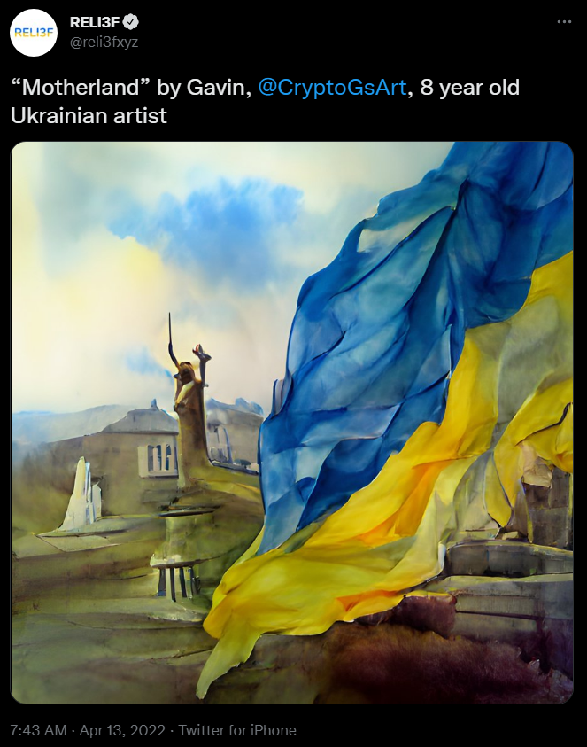 “Motherland” by Gavin, @CryptoGsArt , 8-year-old Ukrainian artist