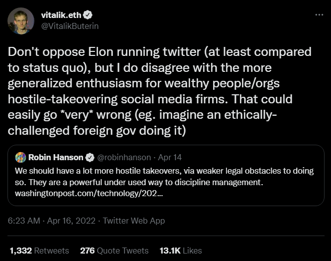 Vitalik Buterin Doesn't Approve Of Musk-Twitter Takeover