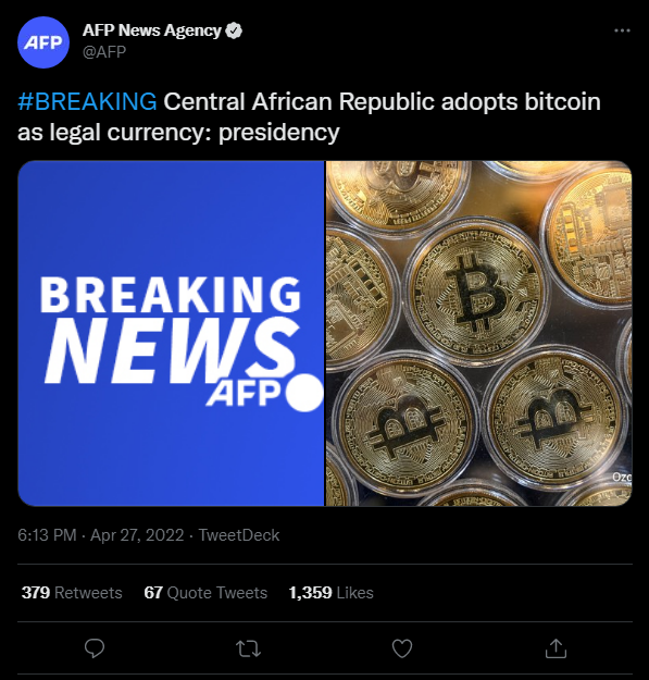 Bitcoin được chấp nhận là tiền tệ chính thức ở Cộng hòa Trung Phi