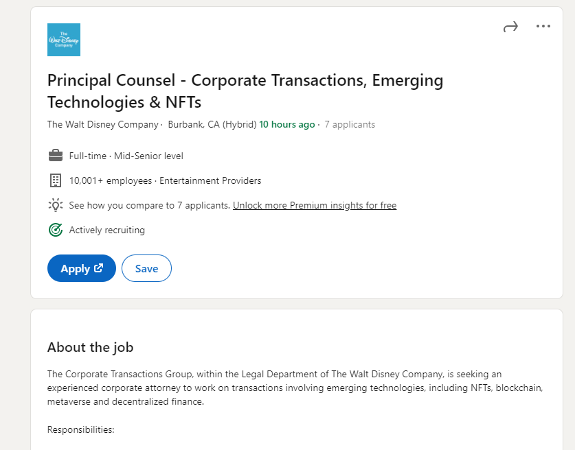 New job Description in Disney: Principal Counsel 