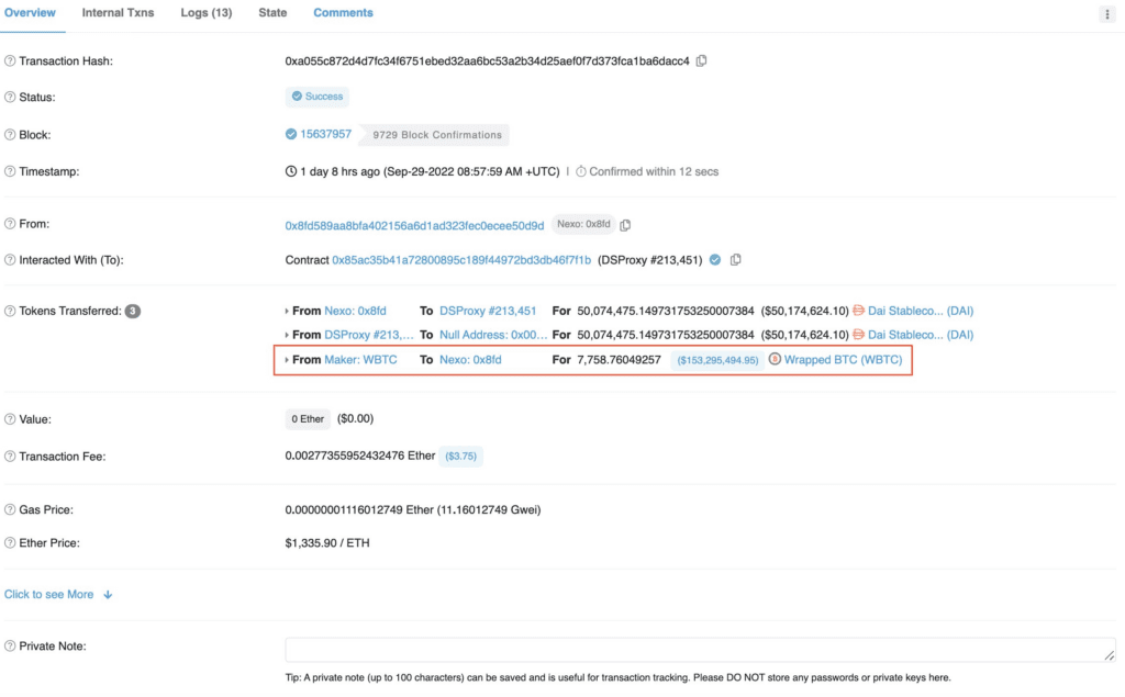 Nexo-labeled Wallet Detected Withdrawing Over 7,700 wBTC from MakerDAO
