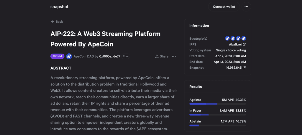 ApeCoin 커뮤니티는 AIP-222 제안을 거부하기로 투표했습니다.