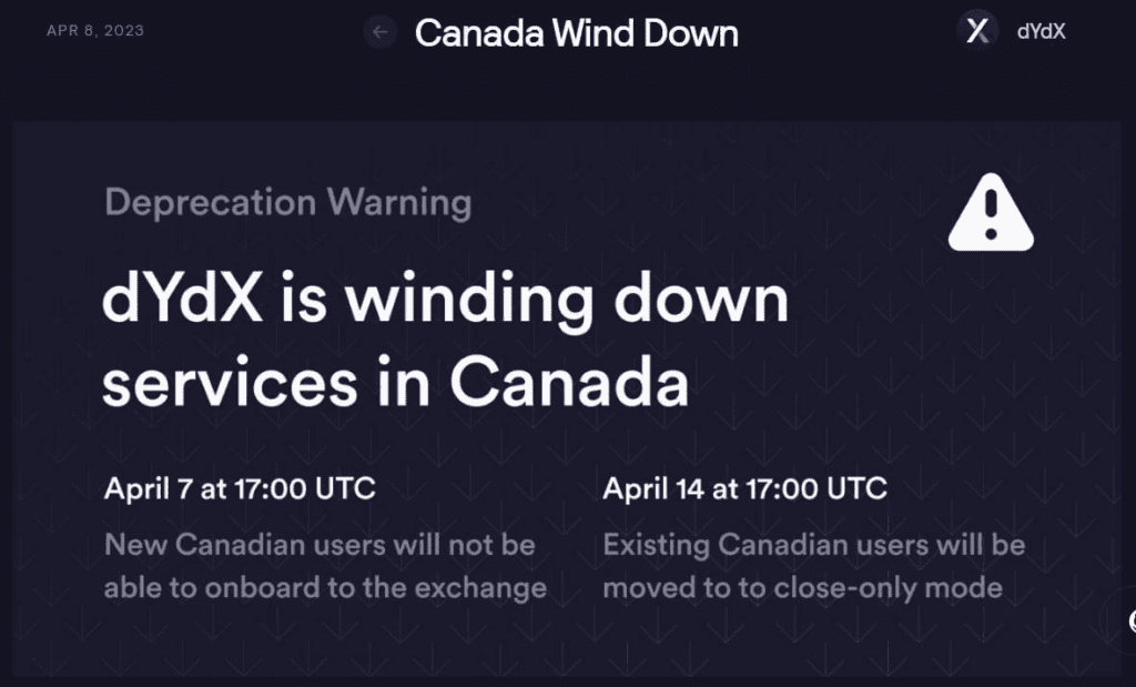 dYdX Quits Canada On April 14 Due To Legal Difficulties