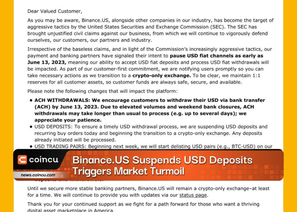 Binance.US Suspends USD Deposits, Triggers Market Turmoil